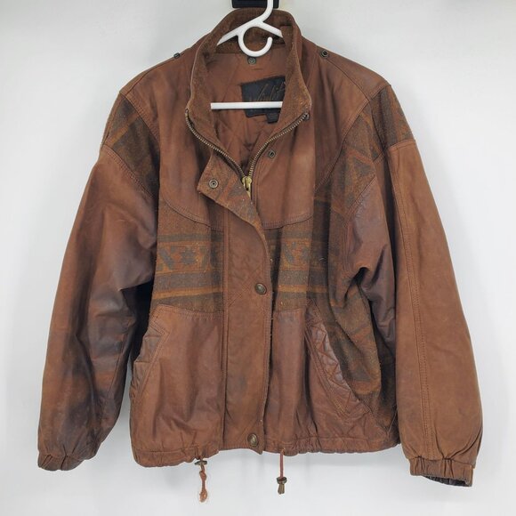 Vintage Winlit Leather and Wool Blend Western Aztec Bomber Jacket Coat Medium - Picture 2 of 16